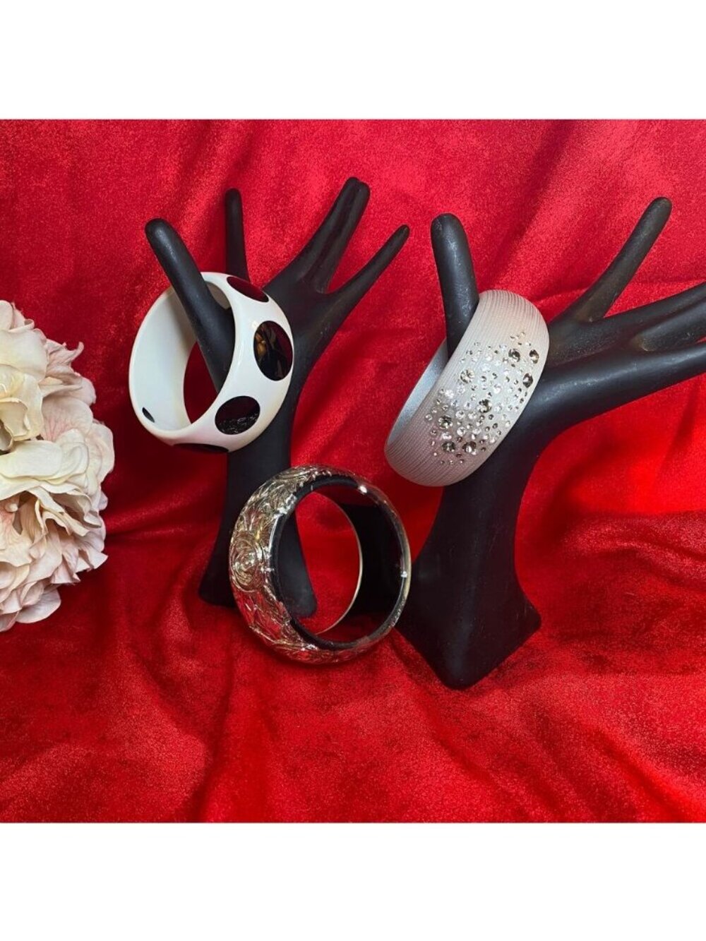 Retro Bangle Bracelet Lot Polka Dot Rhinestone Lucite Resin Set Of 3 Vintage - Picture 3 of 8